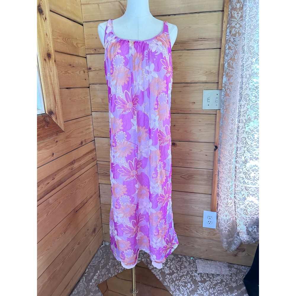 Vintage Nightgown Women Large Purple Pink Floral Psychedeli Sheer Maxi 60s Retro